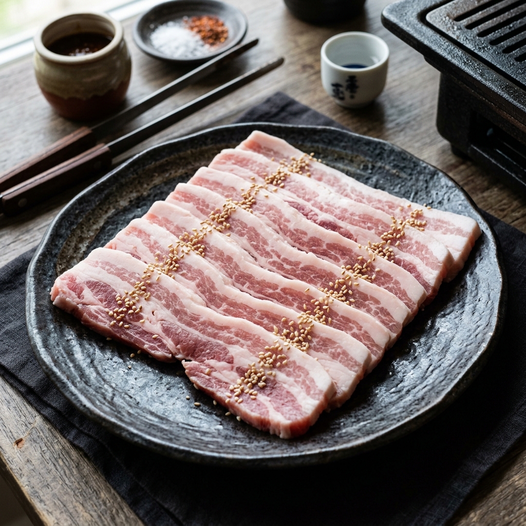 หมูสามชั้นสไลด์โรยงา (Pork Belly Sesame)